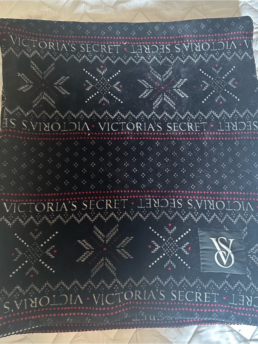 Victoria's Secret Black Throw Pillow with Pink & White Fair Isle Pattern